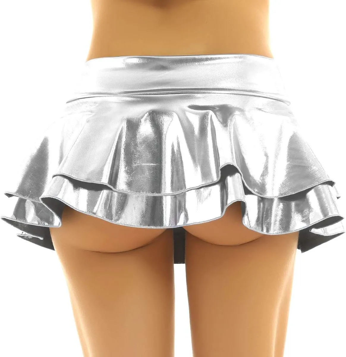 Women's Shiny Flared Pleated Mini Skater Skirt Solid Novelty Metallic Ruffle Lingerie Skirts