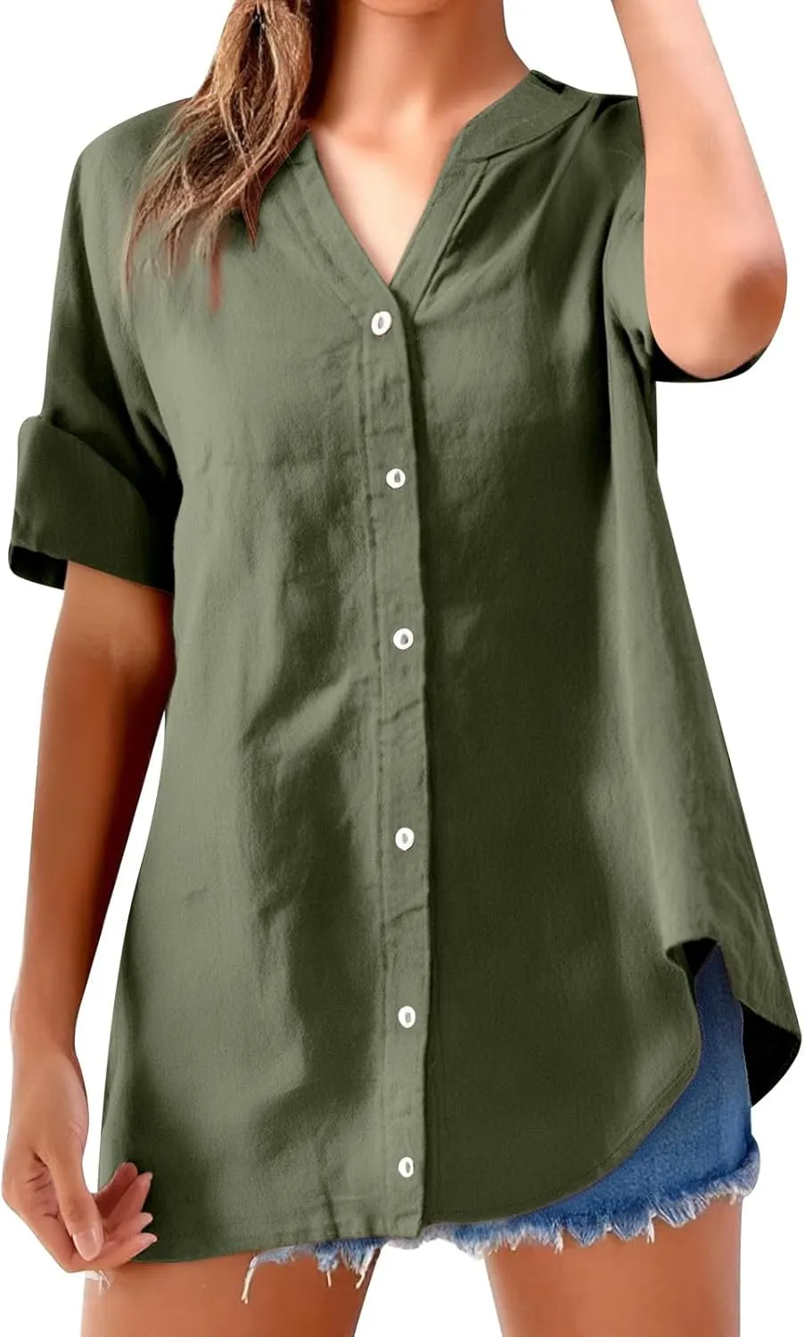 Womens Short Sleeve Cotton Linen Shirts Casual Crewneck Comfy T Shirt Embroidery Loose Fit Summer Tee Shirts