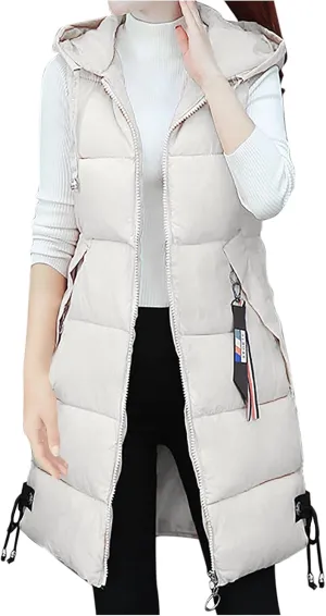 Womens Sleeveless Puffer Jacket Warm Winter Vest Coats Trendy Hooded Plain Down Jackets Zipper Long Outwear
