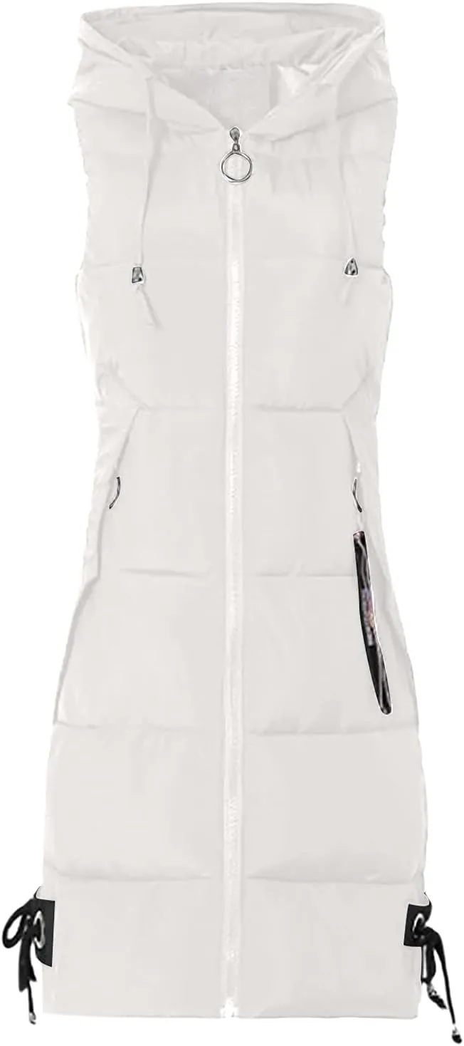 Womens Sleeveless Puffer Jacket Warm Winter Vest Coats Trendy Hooded Plain Down Jackets Zipper Long Outwear