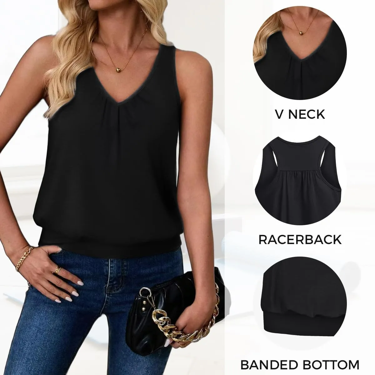 Womens Sleeveless V-Neck Tank Tops Workout Loose Fit Tops for Women Athletic Banded Bottom Tank Casual Shirts