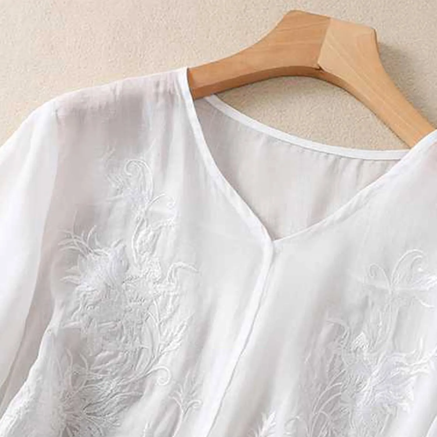 Women's Summer 3/4 Sleeve Cotton Linen Tops Vintage Mexican Embroidered Shirts Casual V Neck Boho Blouse Oversized
