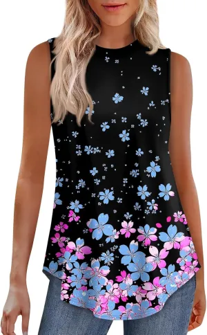 Womens Summer Tank Top 2025 Sleeveless Casual Loose Fit Blouses Scoop Neck Flower Print Tunic Cute Tops