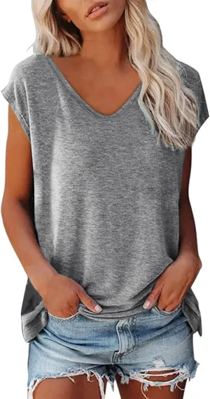 Women's Summer Tops 2025 Trendy Plus Size Cap Sleeve T Shirts Loose Fit Tank Top V Neck Solid Casual Tunic Blouse