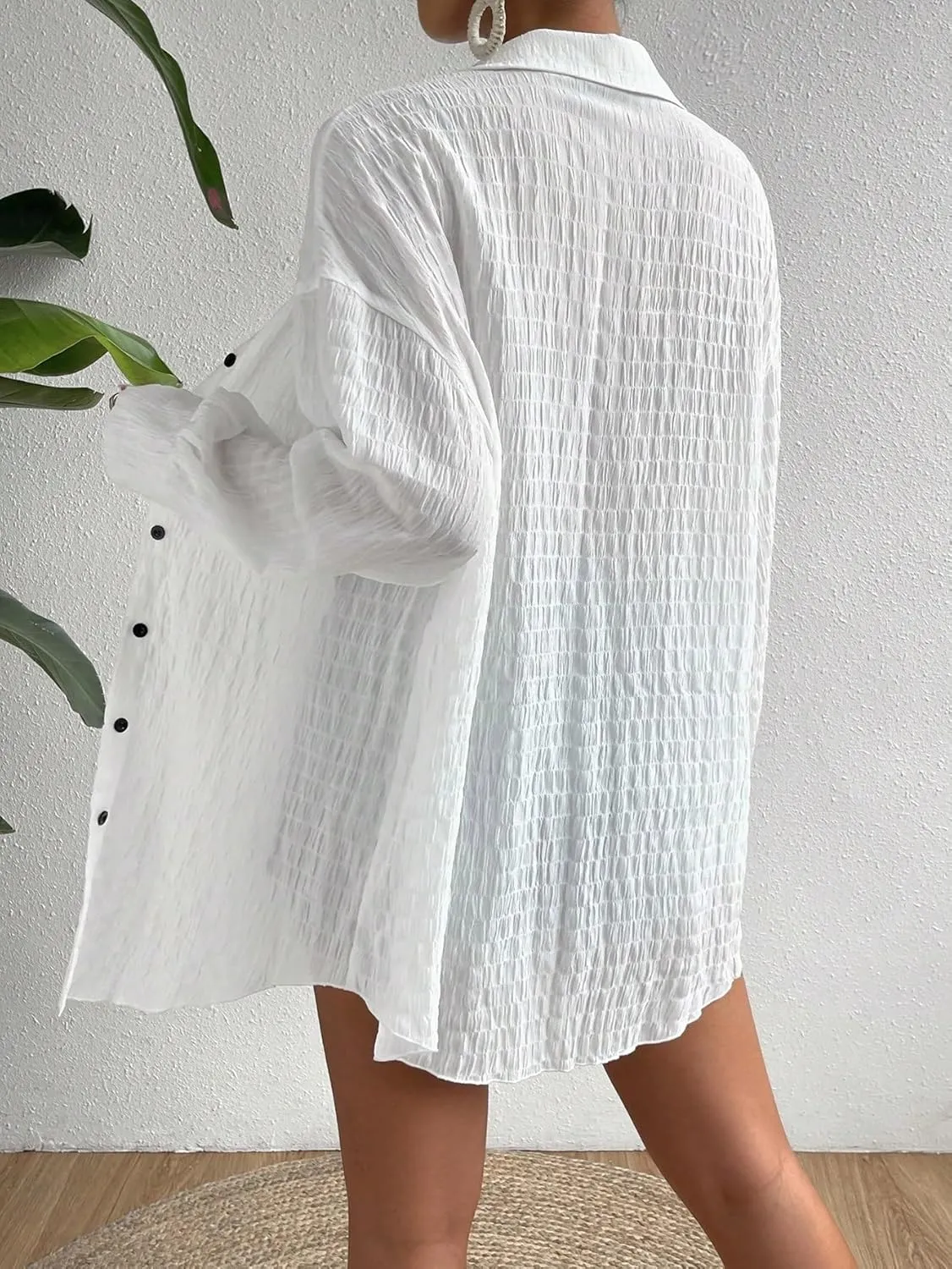 Womens Summer Work Blouse Drop Shoulder Button Front Kimono Long Sleeve Tops Tops