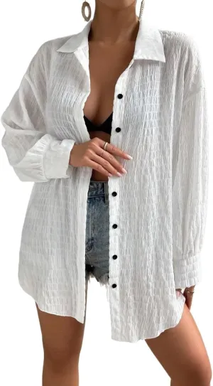 Womens Summer Work Blouse Drop Shoulder Button Front Kimono Long Sleeve Tops Tops