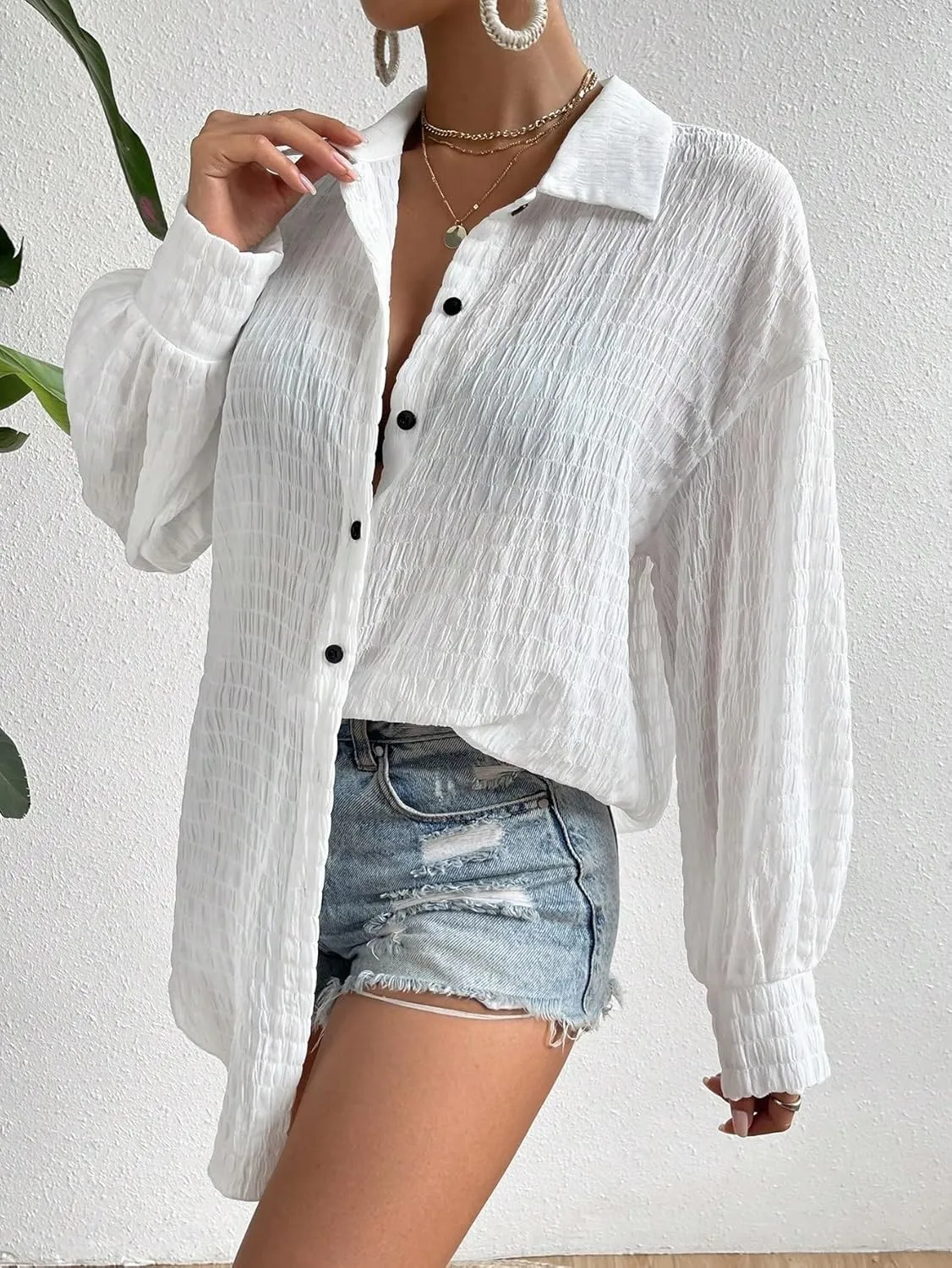 Womens Summer Work Blouse Drop Shoulder Button Front Kimono Long Sleeve Tops Tops