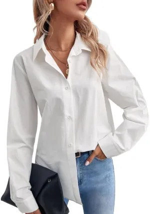 Womens Summer Work Blouse Solid Button Front Shirt Long Sleeve Tops Tops