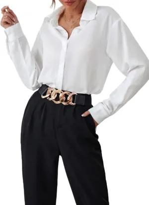 Womens Summer Work Blouse Solid Button Front Shirt Long Sleeve Tops Tops