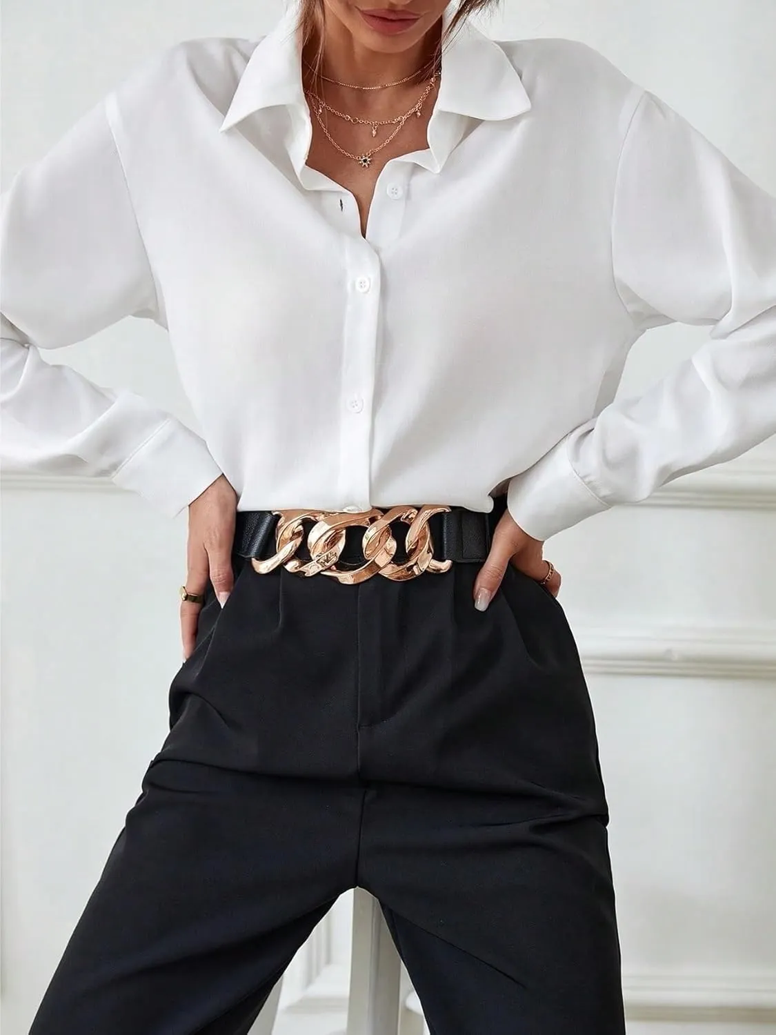 Womens Summer Work Blouse Solid Button Front Shirt Long Sleeve Tops Tops