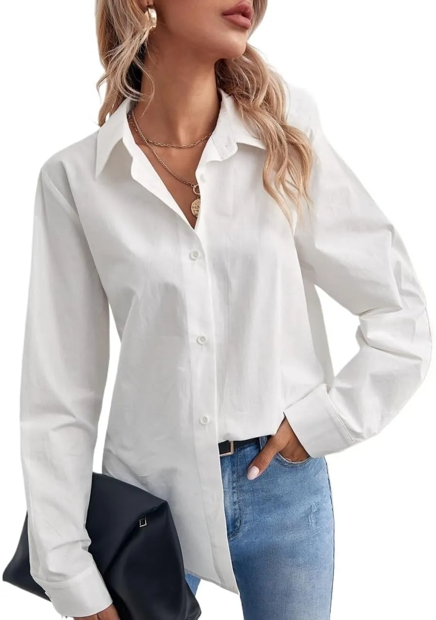 Womens Summer Work Blouse Solid Button Front Shirt Long Sleeve Tops Tops