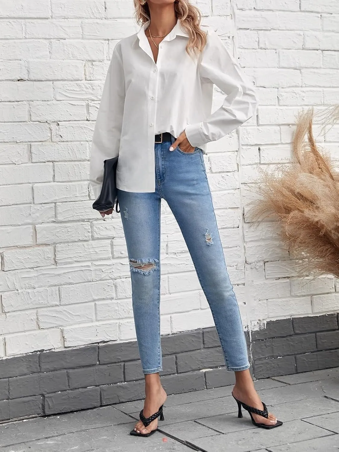 Womens Summer Work Blouse Solid Button Front Shirt Long Sleeve Tops Tops