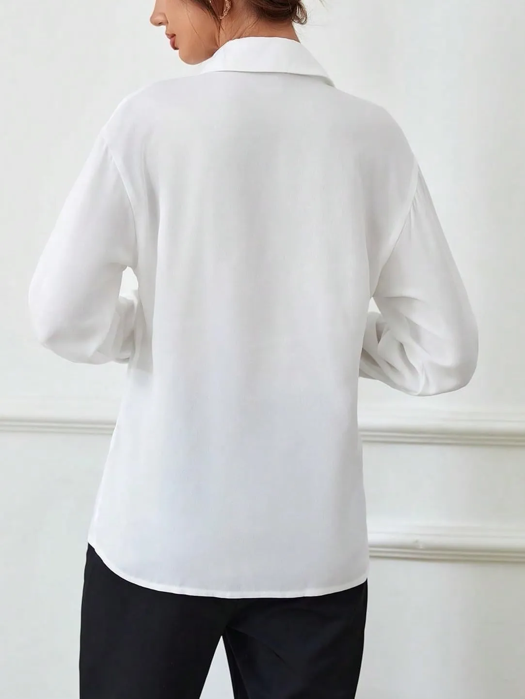 Womens Summer Work Blouse Solid Button Front Shirt Long Sleeve Tops Tops