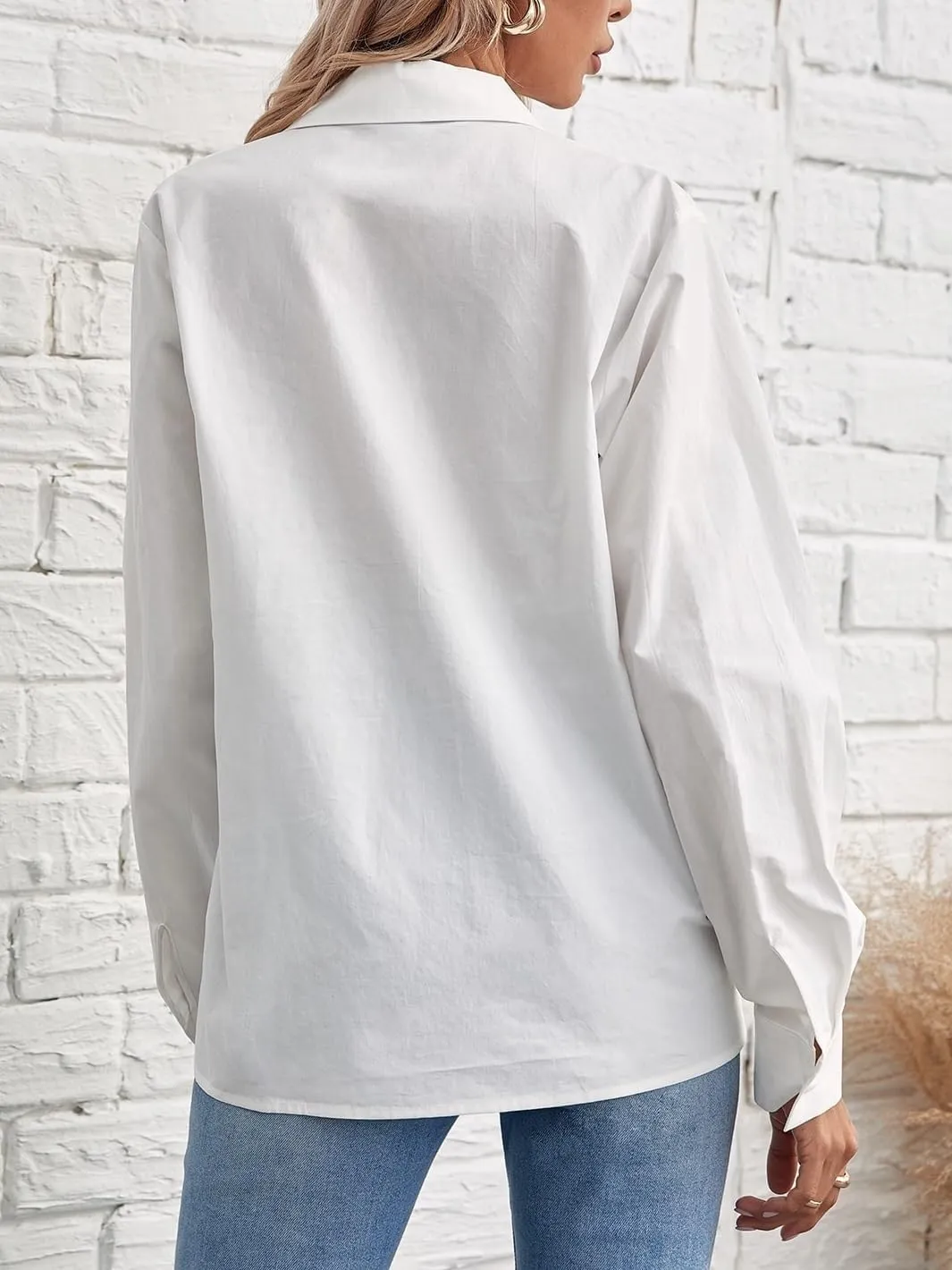 Womens Summer Work Blouse Solid Button Front Shirt Long Sleeve Tops Tops