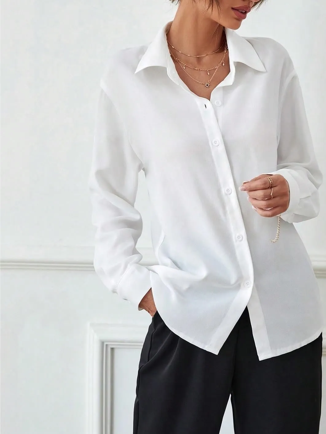Womens Summer Work Blouse Solid Button Front Shirt Long Sleeve Tops Tops