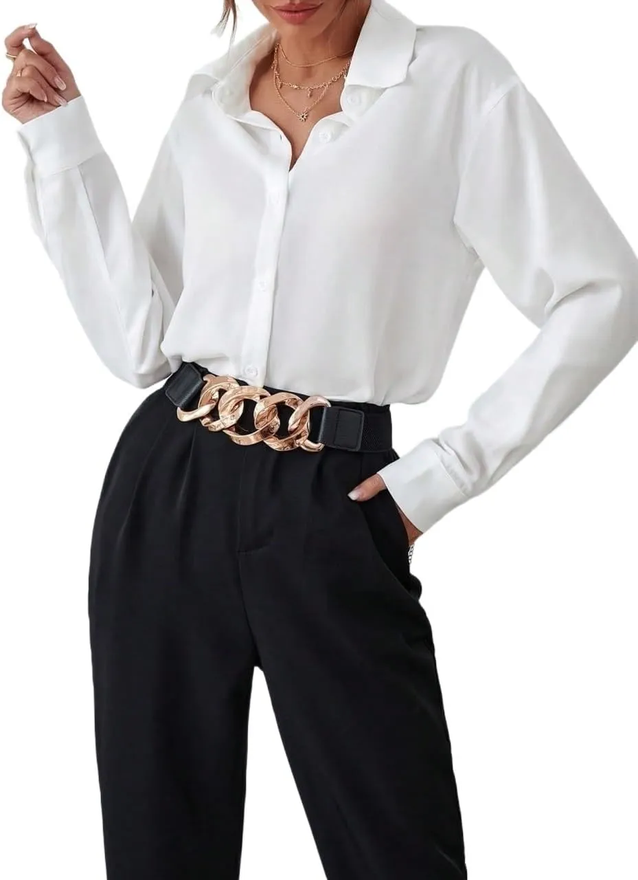 Womens Summer Work Blouse Solid Button Front Shirt Long Sleeve Tops Tops