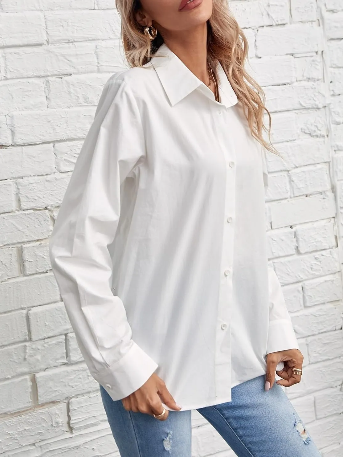 Womens Summer Work Blouse Solid Button Front Shirt Long Sleeve Tops Tops