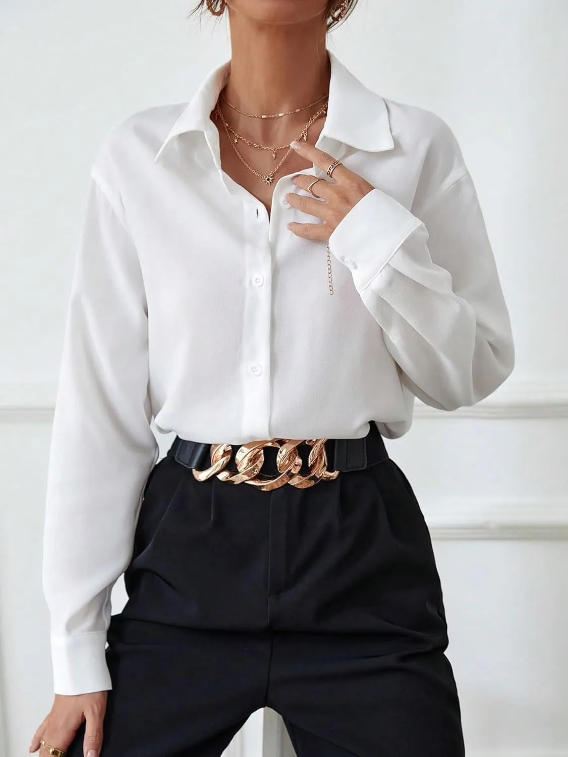 Womens Summer Work Blouse Solid Button Front Shirt Long Sleeve Tops Tops