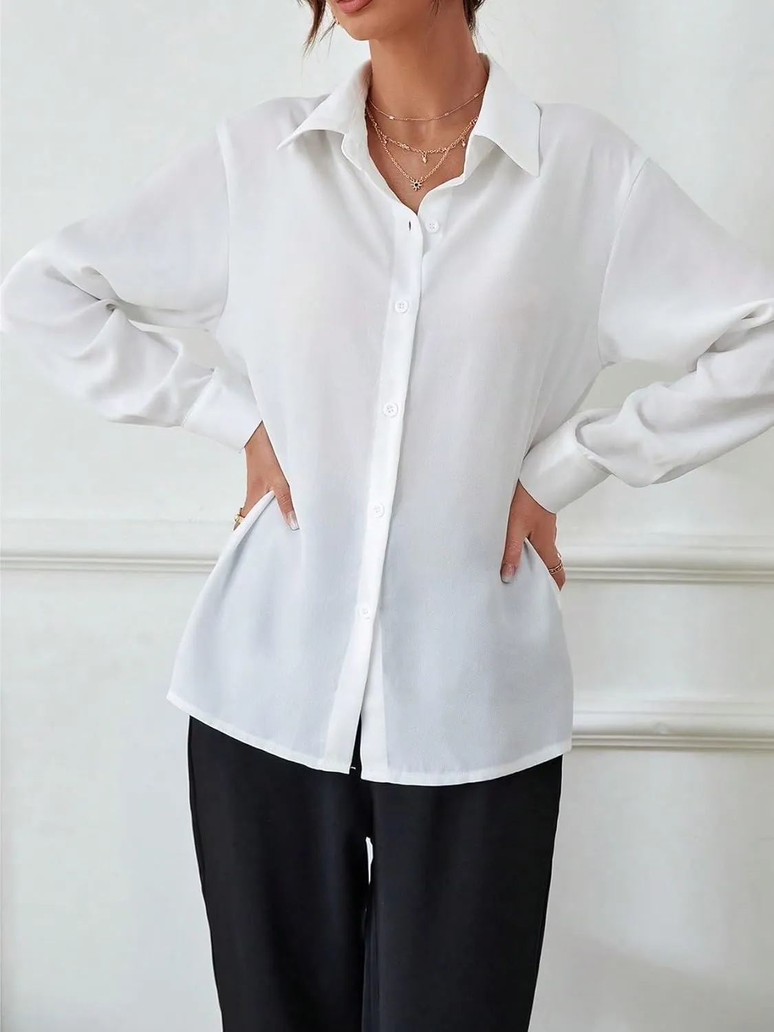 Womens Summer Work Blouse Solid Button Front Shirt Long Sleeve Tops Tops
