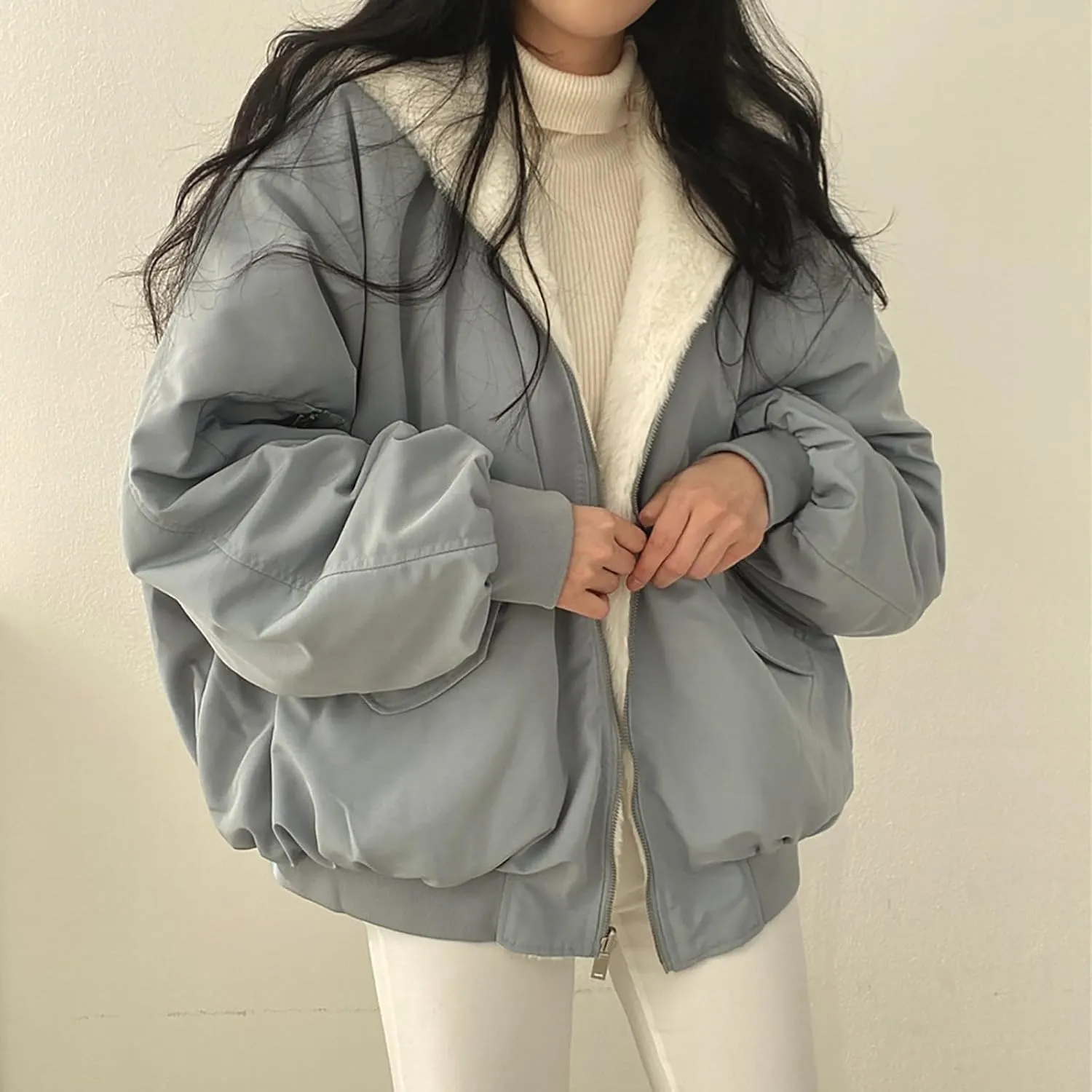Women's Thick Padded Coat Loose Casual Solid Color Winter Warm Fleece Lined Hooded Long Sleeve Outwear, S-XL