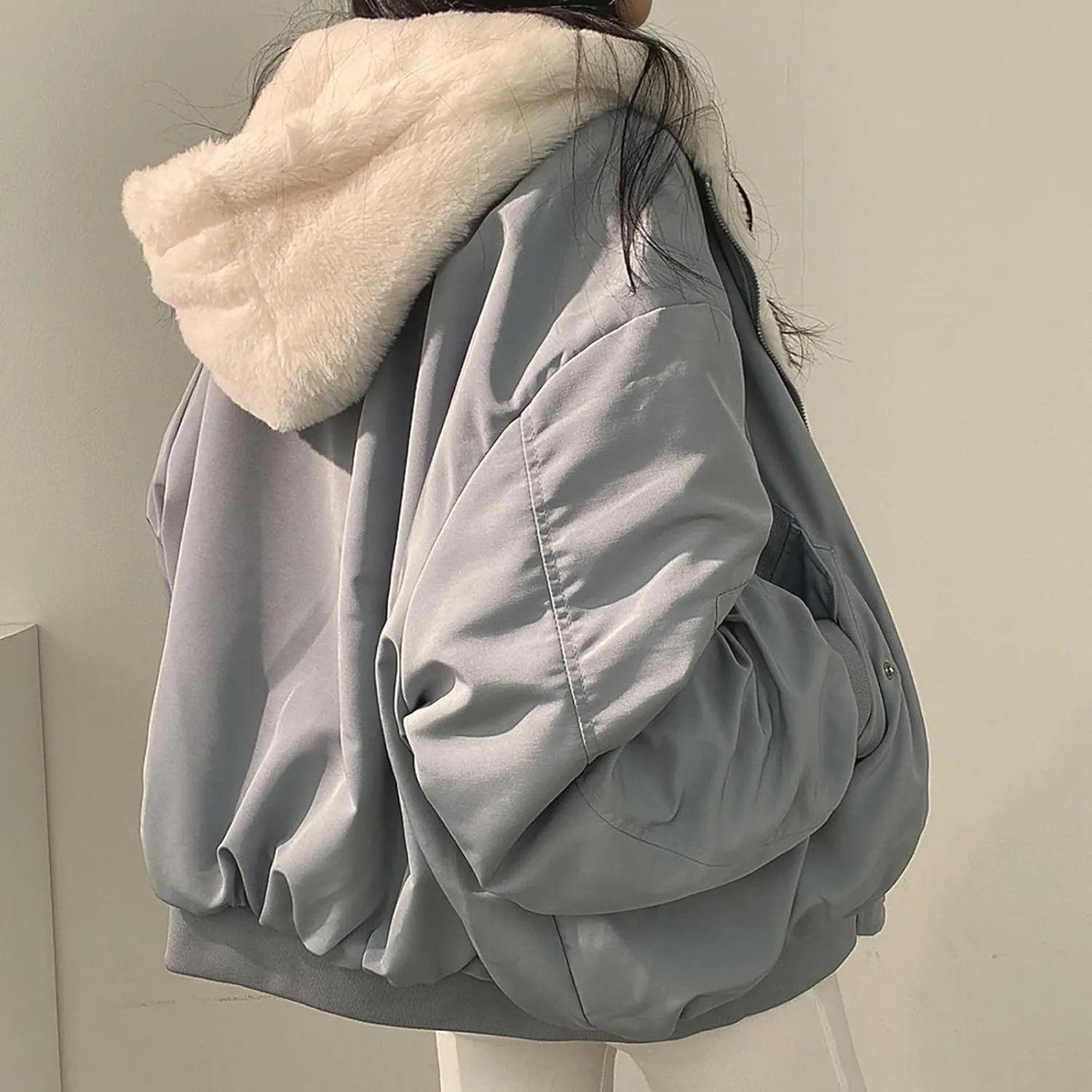 Women's Thick Padded Coat Loose Casual Solid Color Winter Warm Fleece Lined Hooded Long Sleeve Outwear, S-XL
