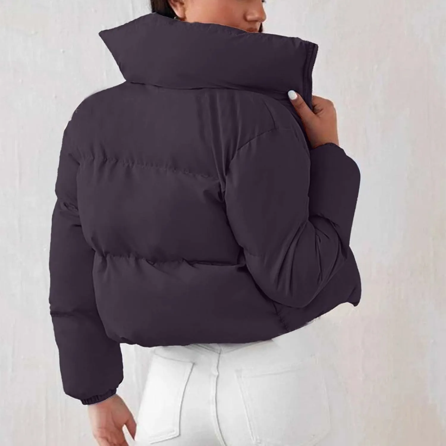 Womens Thick Winter Cropped Quilted Puffer Coat Long Sleeve Zipper Down Coat Warm Oversized Cozy Overcoat Daily Outfits