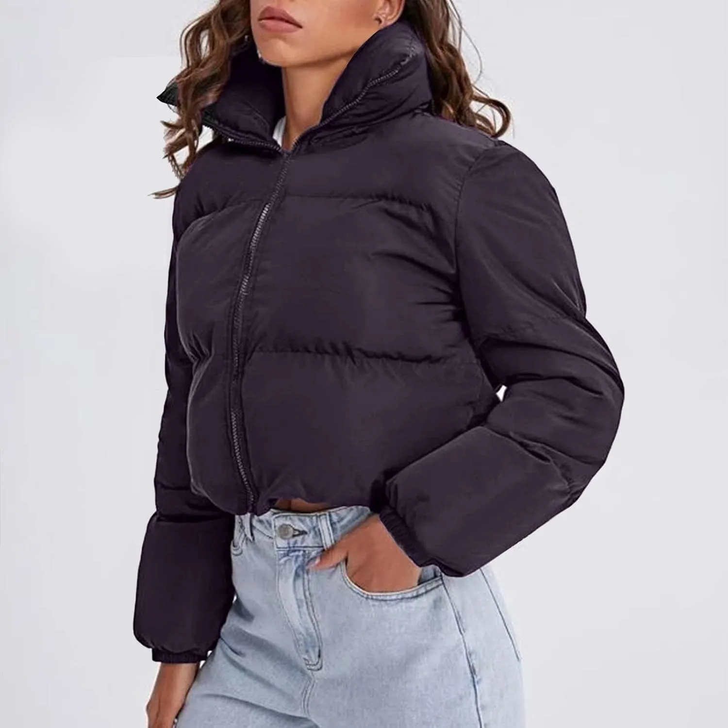 Womens Thick Winter Cropped Quilted Puffer Coat Long Sleeve Zipper Down Coat Warm Oversized Cozy Overcoat Daily Outfits