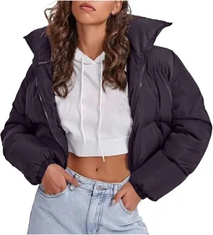 Womens Thick Winter Cropped Quilted Puffer Coat Long Sleeve Zipper Down Coat Warm Oversized Cozy Overcoat Daily Outfits