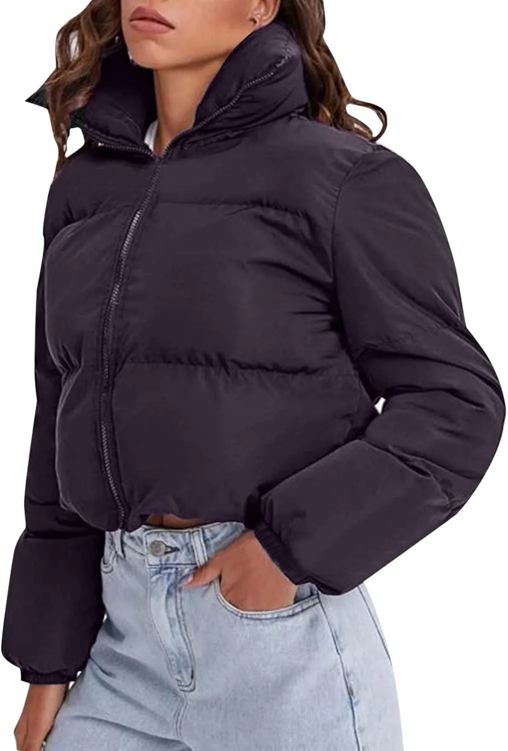 Womens Thick Winter Cropped Quilted Puffer Coat Long Sleeve Zipper Down Coat Warm Oversized Cozy Overcoat Daily Outfits