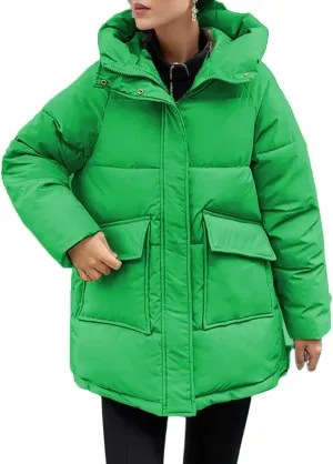 Women's Thickened Down Puffer Jackets Solid Full Zip Bread Coats Loose Fit Long Sleeve Outerwear with Pockets