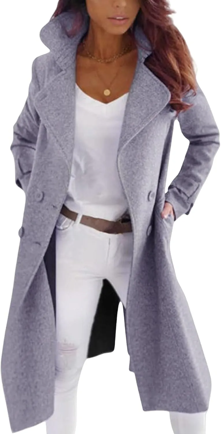 Women's Trench Coats Notch Lapel Jacket Wool Blend Double Breasted Coat Fall Winter Warm Mid Long Pea Coat Outerwear