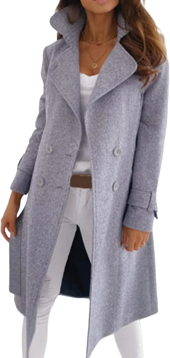 Women's Trench Coats Notch Lapel Jacket Wool Blend Double Breasted Coat Fall Winter Warm Mid Long Pea Coat Outerwear
