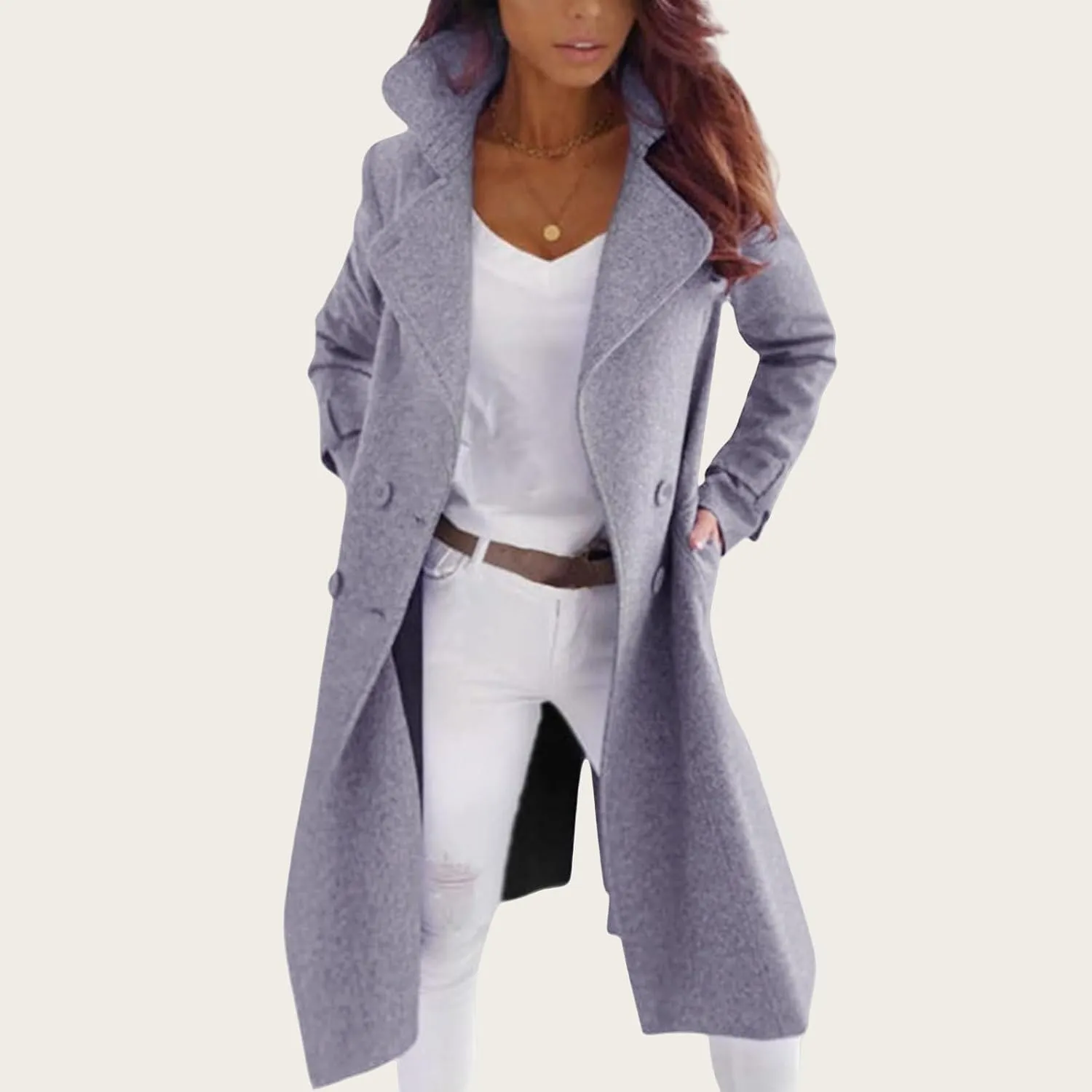 Women's Trench Coats Notch Lapel Jacket Wool Blend Double Breasted Coat Fall Winter Warm Mid Long Pea Coat Outerwear