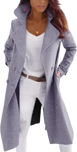 Women's Trench Coats Notch Lapel Jacket Wool Blend Double Breasted Coat Fall Winter Warm Mid Long Pea Coat Outerwear