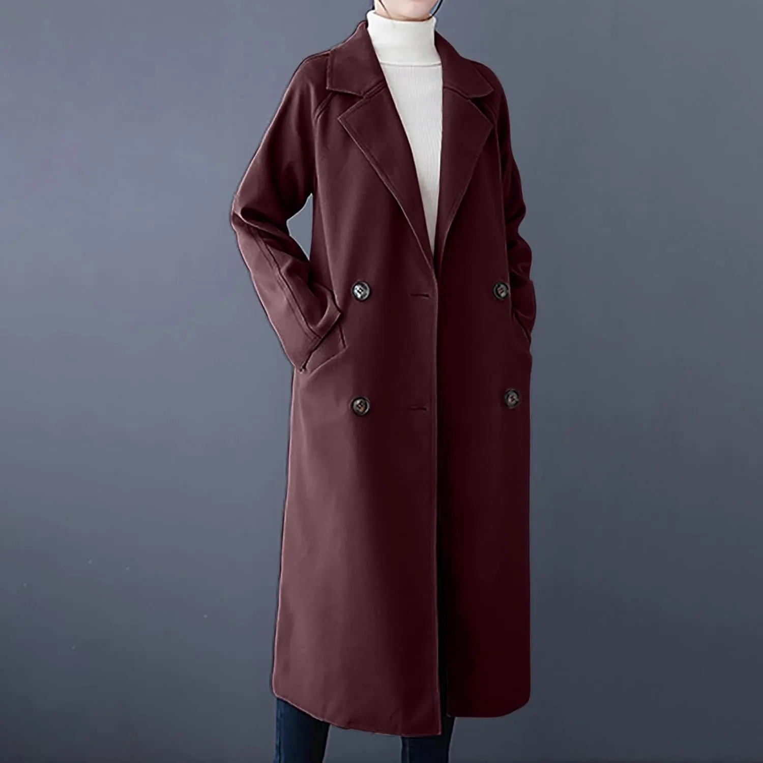 Womens Trench Coats Plus Size Double Breasted Wool Peacoat Open Front Lapel Overcoat Long Jackets with Pockets