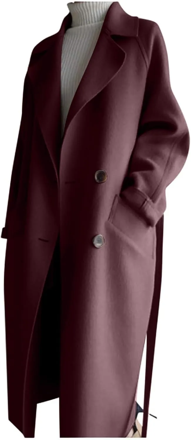 Womens Trench Coats Plus Size Double Breasted Wool Peacoat Open Front Lapel Overcoat Long Jackets with Pockets