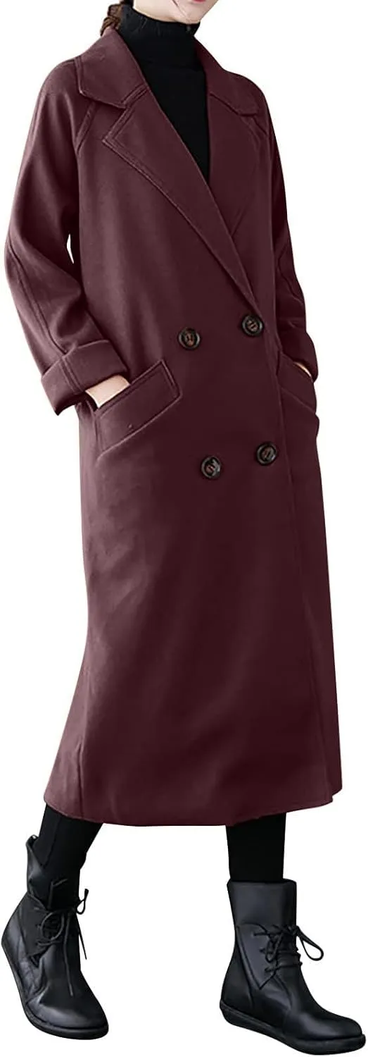Womens Trench Coats Plus Size Double Breasted Wool Peacoat Open Front Lapel Overcoat Long Jackets with Pockets