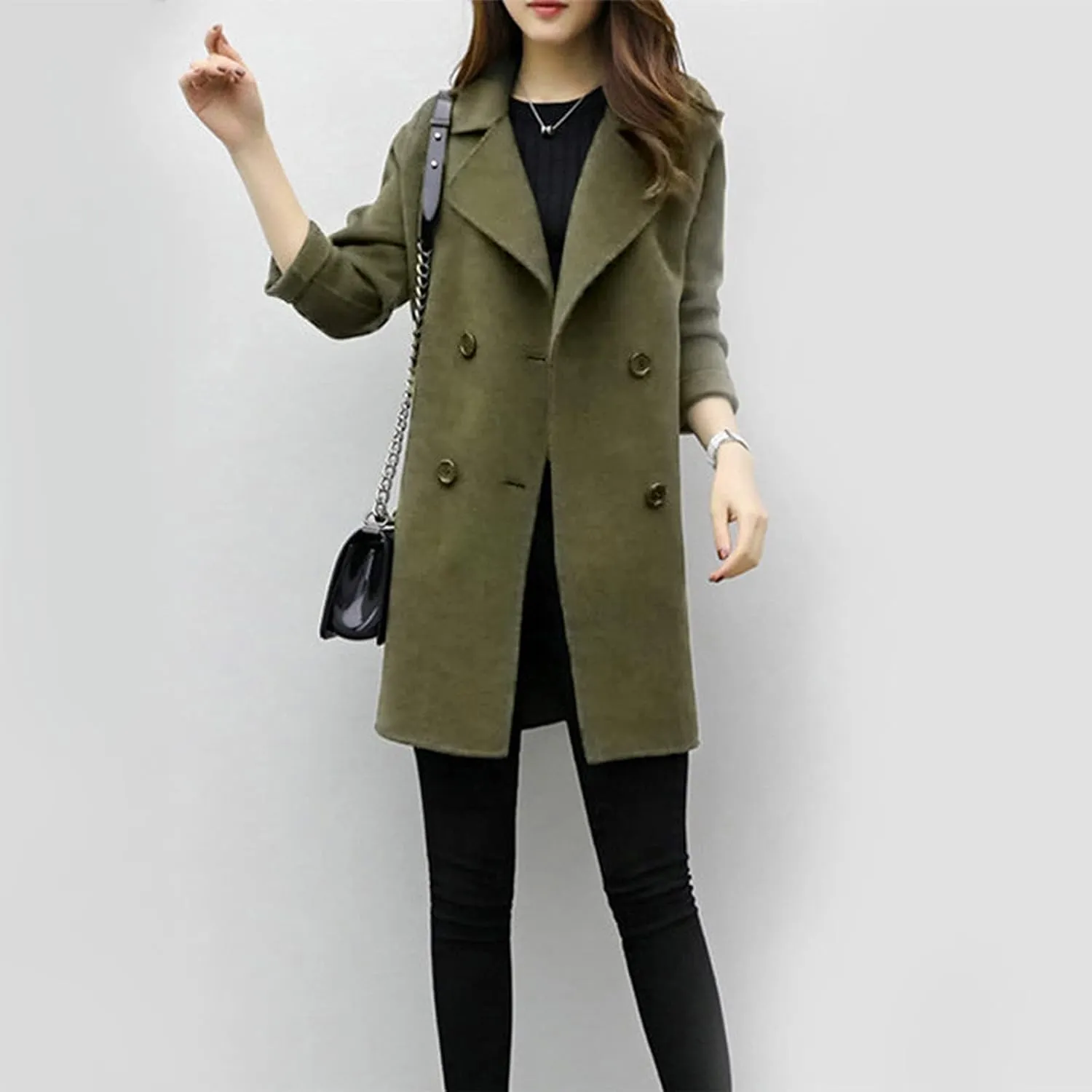Womens Trendy Woolen Coats Winter Trench Coat Casual Button Cardigan Jacket Overcoat Plain Lapel Outwear