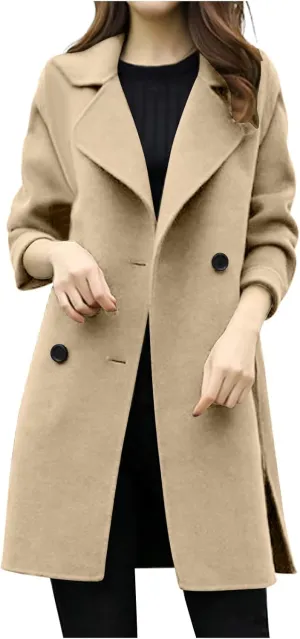 Womens Trendy Woolen Coats Winter Trench Coat Casual Button Cardigan Jacket Overcoat Plain Lapel Outwear