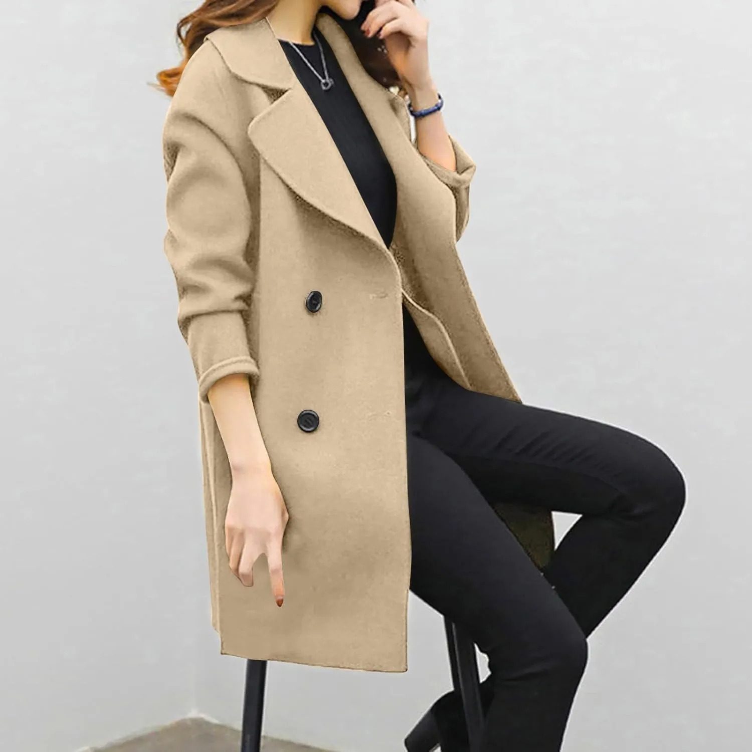 Womens Trendy Woolen Coats Winter Trench Coat Casual Button Cardigan Jacket Overcoat Plain Lapel Outwear