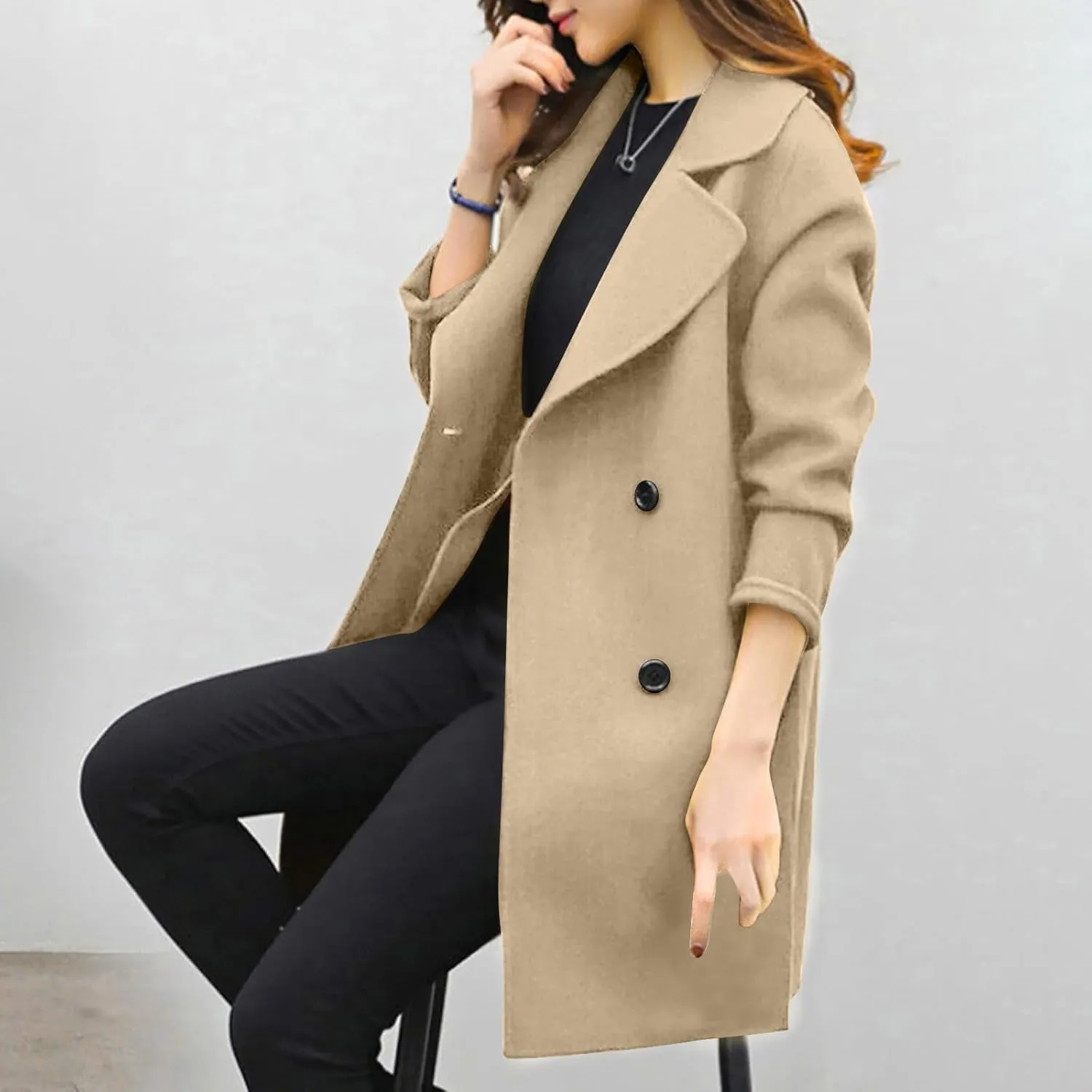 Womens Trendy Woolen Coats Winter Trench Coat Casual Button Cardigan Jacket Overcoat Plain Lapel Outwear