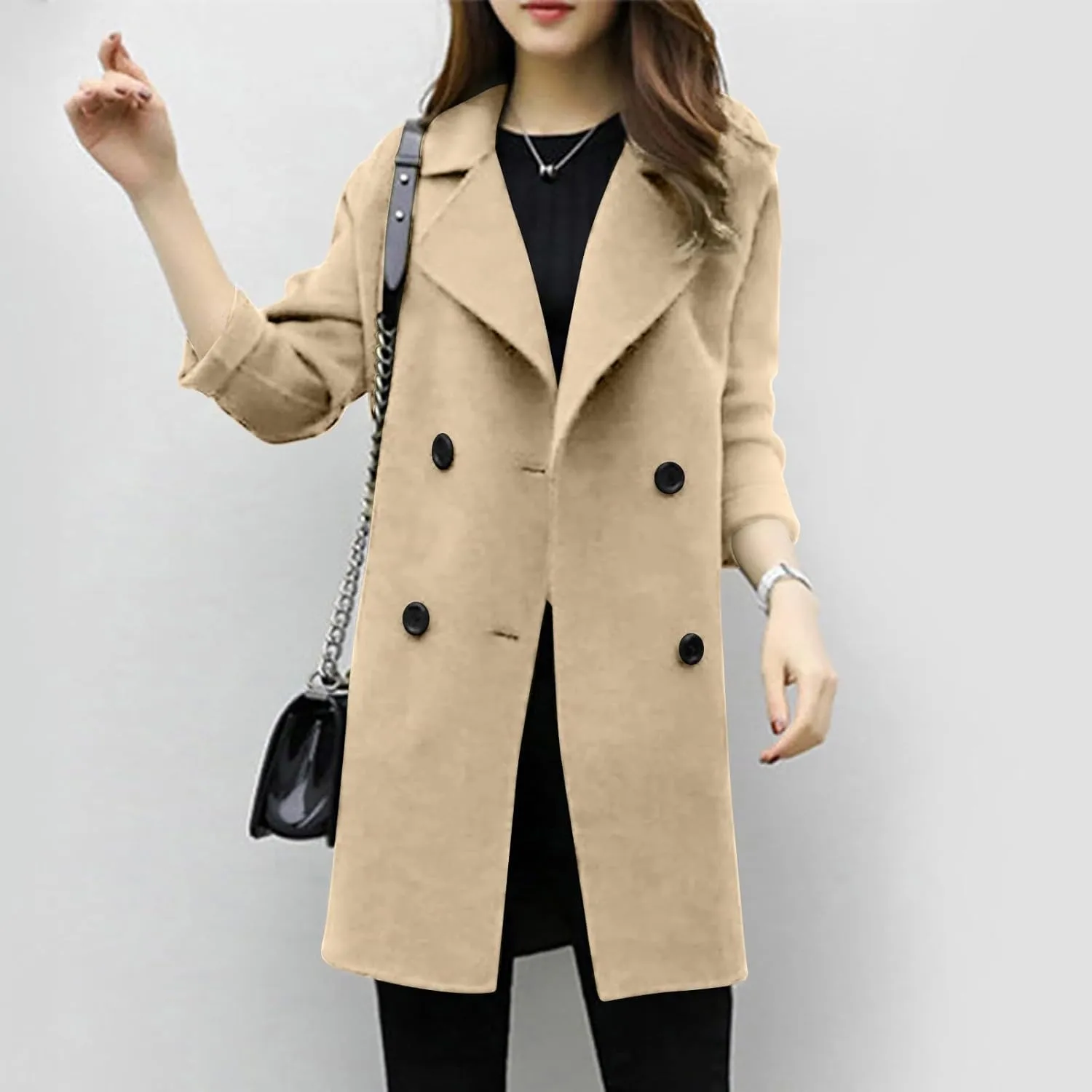 Womens Trendy Woolen Coats Winter Trench Coat Casual Button Cardigan Jacket Overcoat Plain Lapel Outwear
