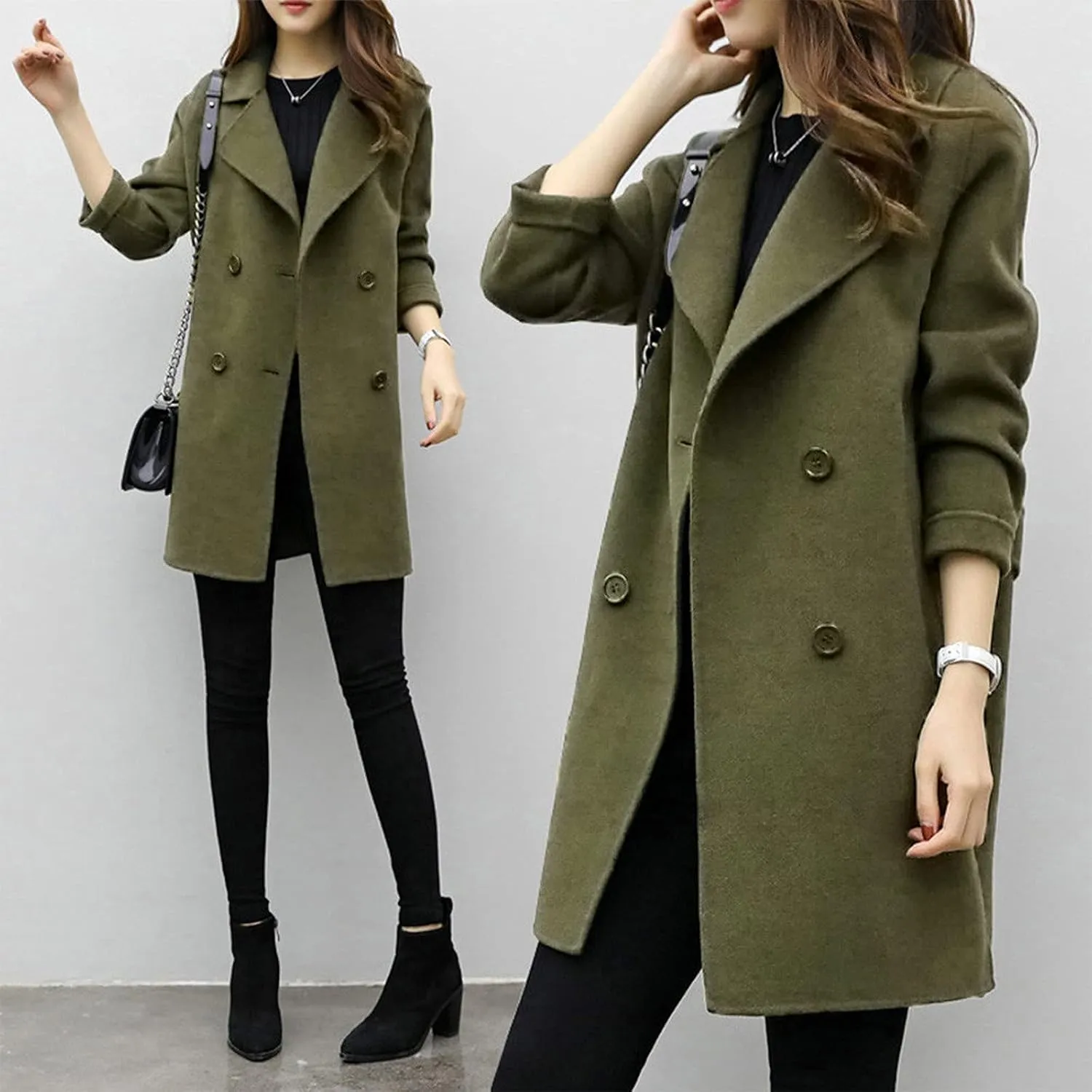 Womens Trendy Woolen Coats Winter Trench Coat Casual Button Cardigan Jacket Overcoat Plain Lapel Outwear