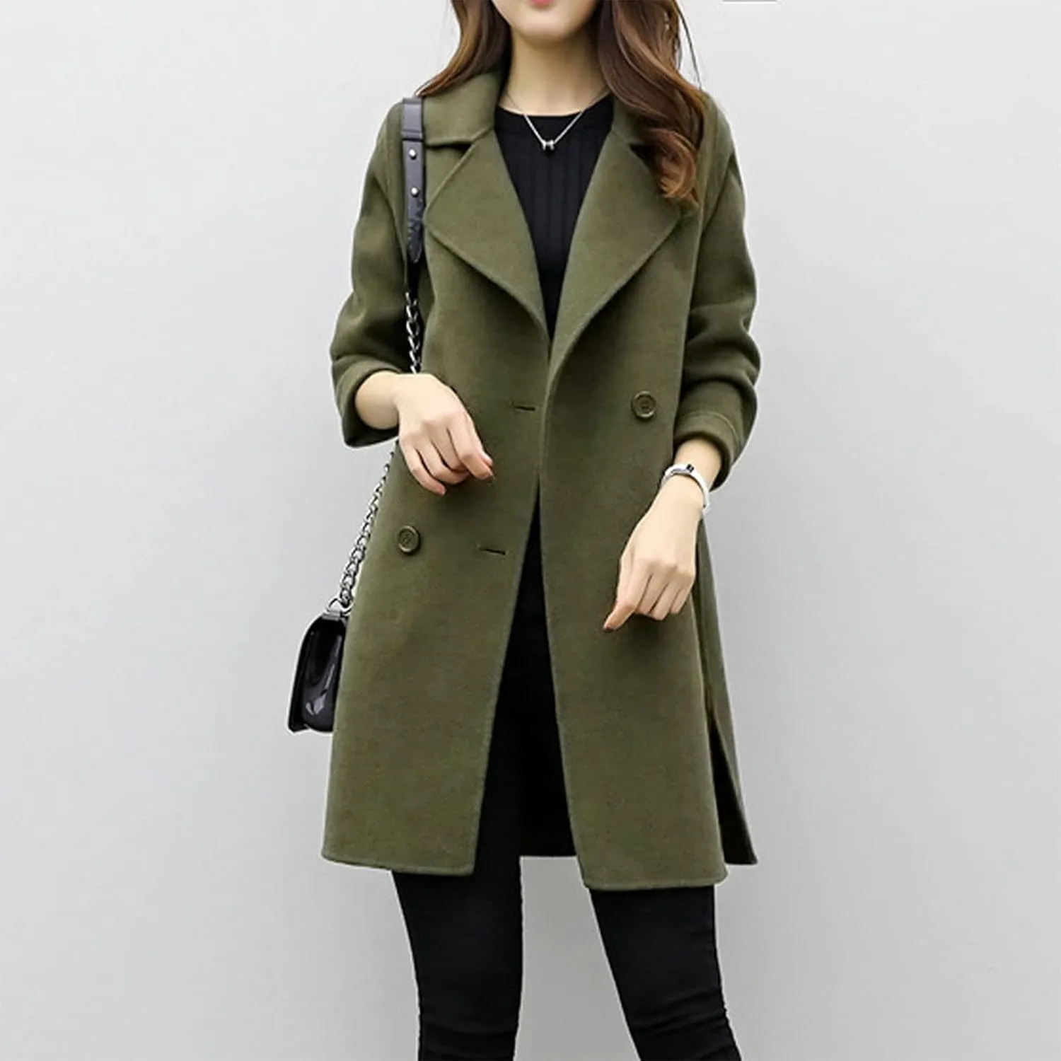 Womens Trendy Woolen Coats Winter Trench Coat Casual Button Cardigan Jacket Overcoat Plain Lapel Outwear
