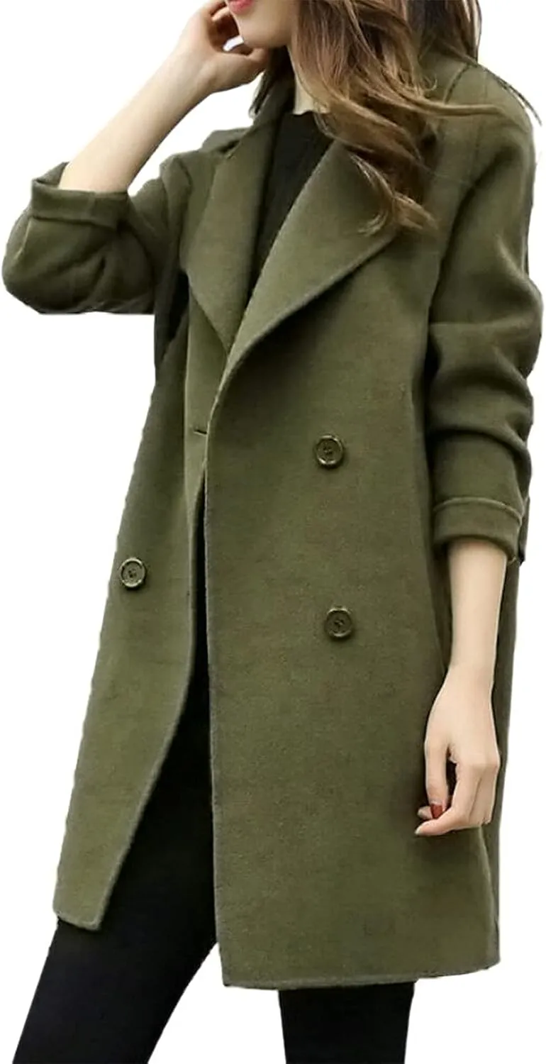 Womens Trendy Woolen Coats Winter Trench Coat Casual Button Cardigan Jacket Overcoat Plain Lapel Outwear