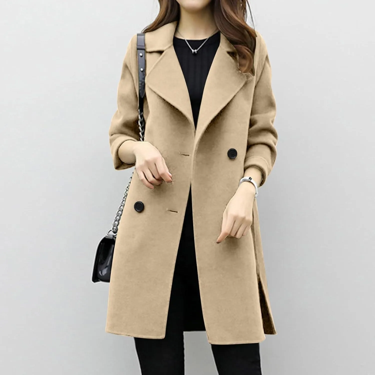 Womens Trendy Woolen Coats Winter Trench Coat Casual Button Cardigan Jacket Overcoat Plain Lapel Outwear