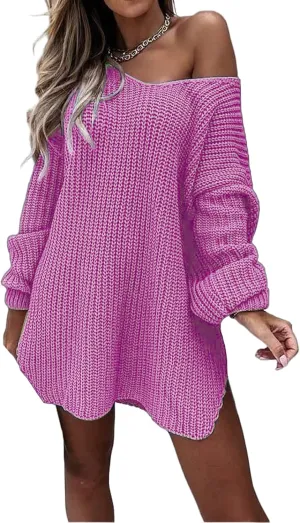 Womens V Neck Sweater Chunky Knit Sweaters Oversized Pullover Tops Long Sleeve Off Shoulder Jumper Loose Fit Tops