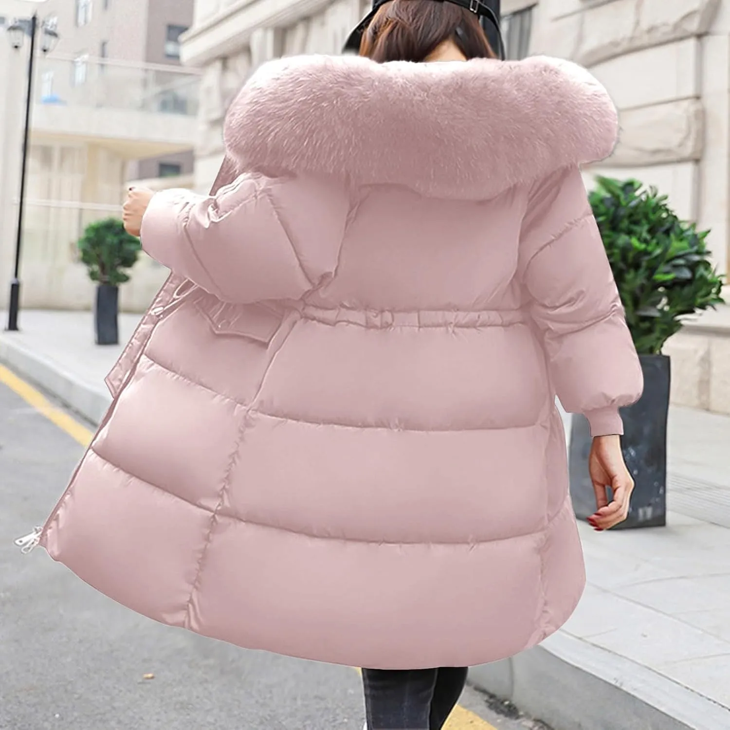 Women's Winter Casual Quilted Jackets Faux Fur Trim Hood Warm Quilted Jacket Fleece Fur Outdoor Overcoat Coats