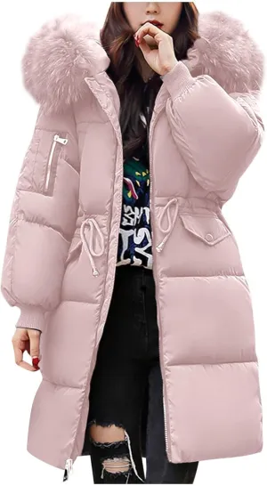 Women's Winter Casual Quilted Jackets Faux Fur Trim Hood Warm Quilted Jacket Fleece Fur Outdoor Overcoat Coats