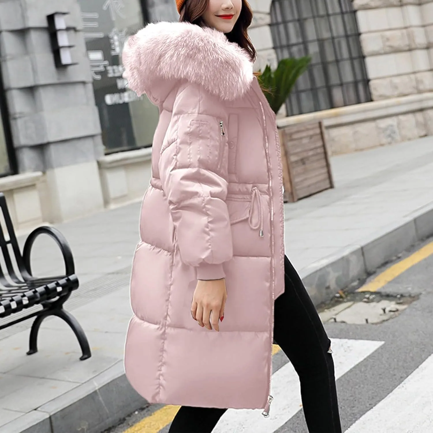 Women's Winter Casual Quilted Jackets Faux Fur Trim Hood Warm Quilted Jacket Fleece Fur Outdoor Overcoat Coats
